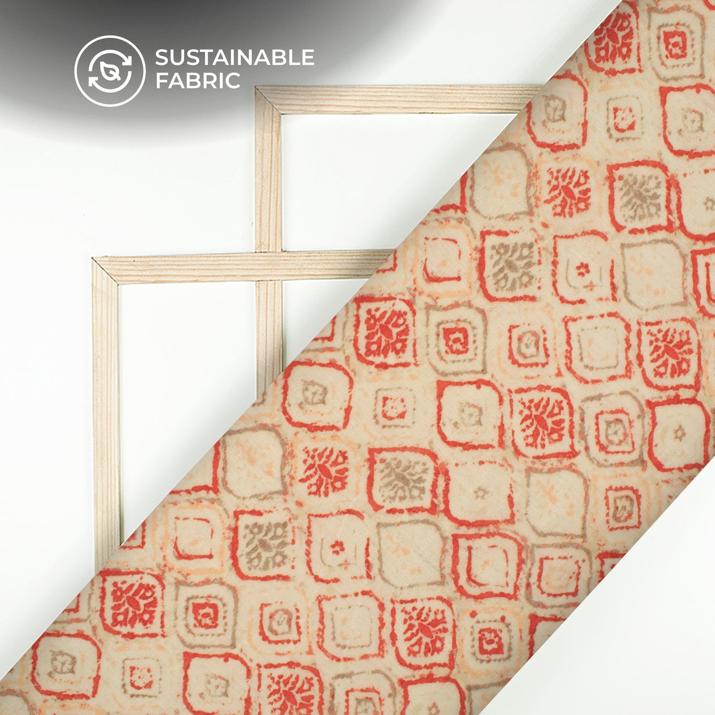 Fire Orange And Beige Geometric Digital Print Pure Cotton Mulmul Fabric