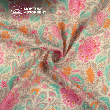 Taffy Pink And Beige Floral Digital Print Pure Cotton Mulmul Fabric