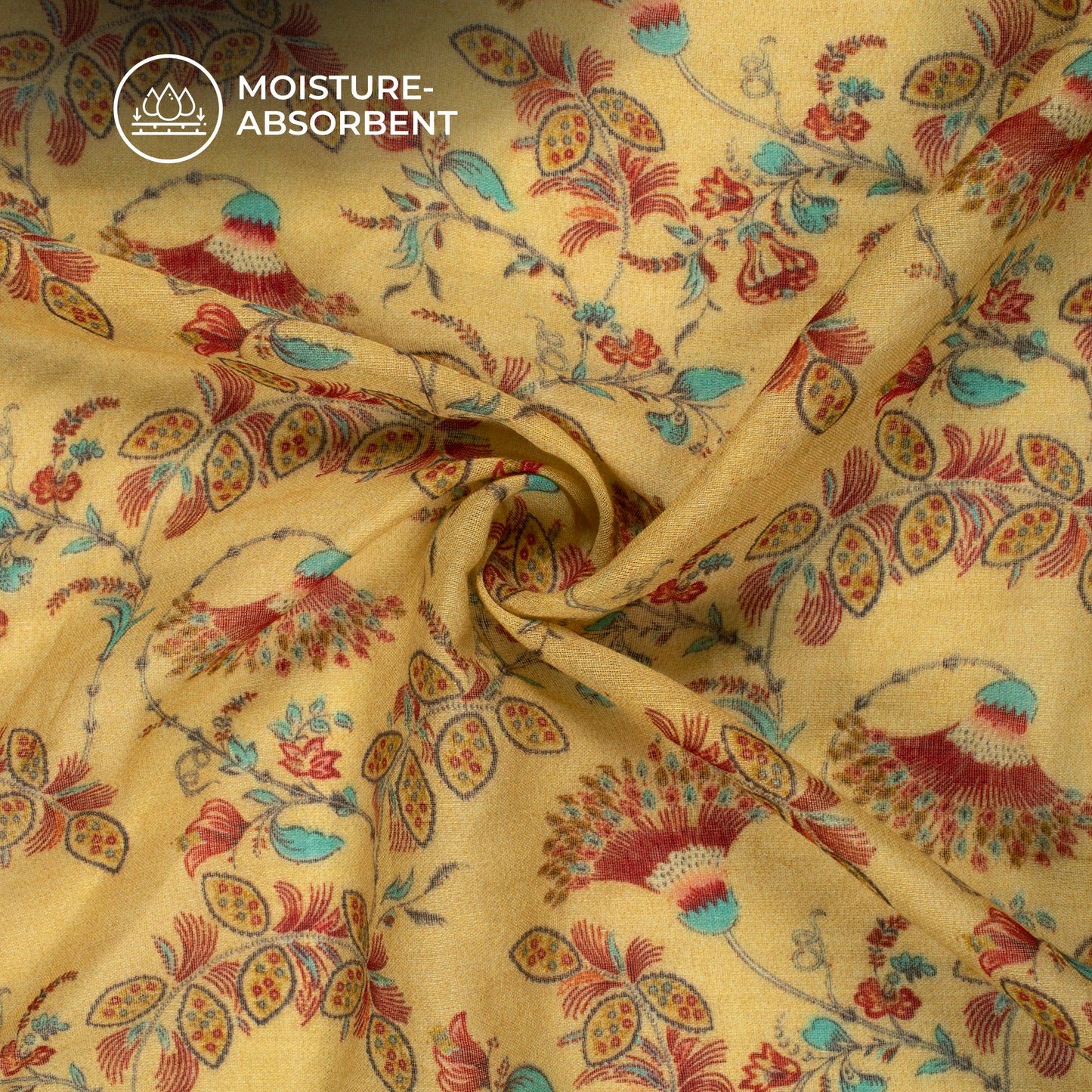 Biscotii Yellow And Red Floral Digital Print Pure Cotton Mulmul Fabric