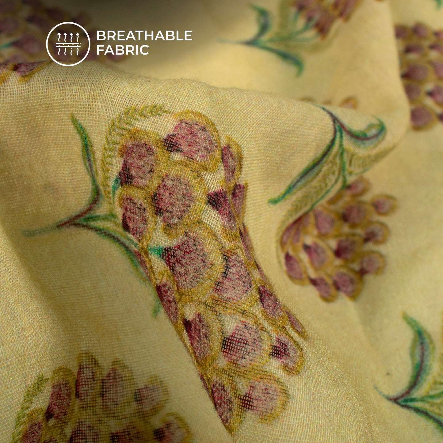 Flaxen Yellow And Pink Floral Digital Print Pure Cotton Mulmul Fabric