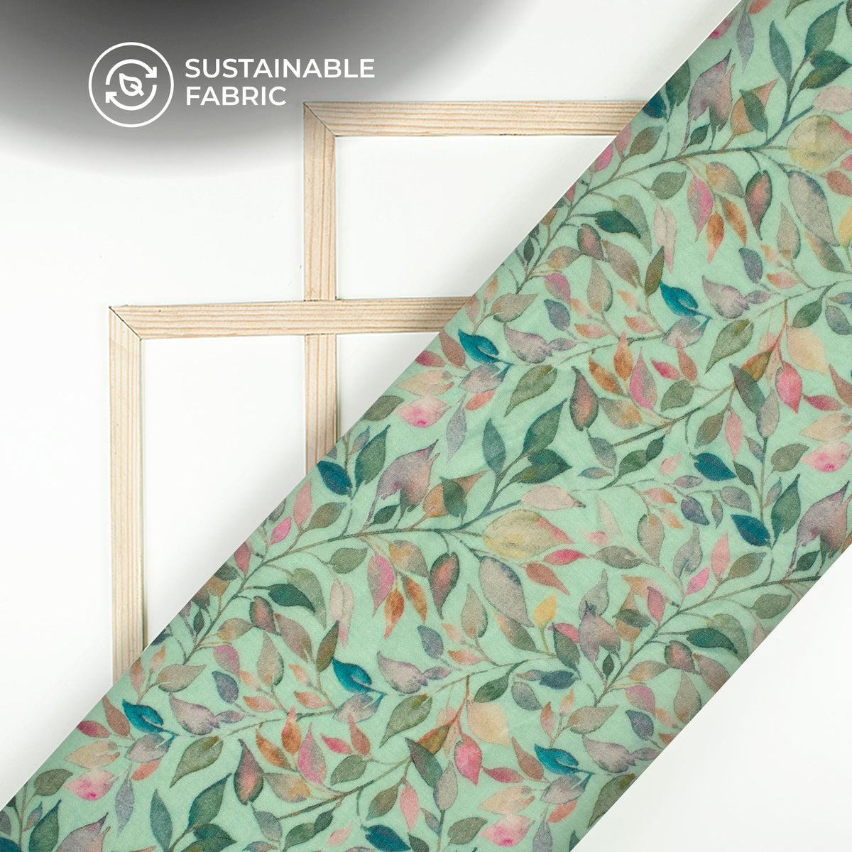 Mint Green And Pink Leaf Digital Print Pure Cotton Mulmul Fabric