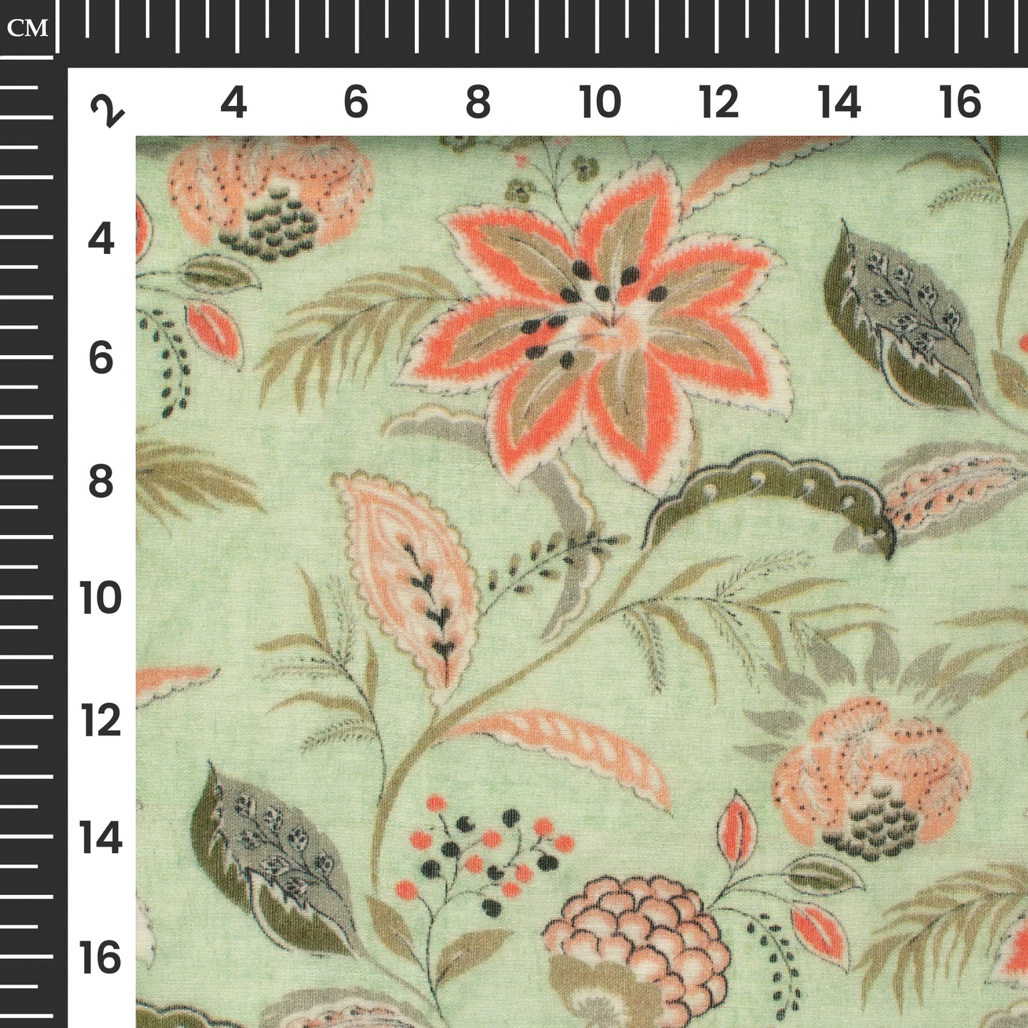 Sage Green And Orange Floral Digital Print Pure Cotton Mulmul Fabric