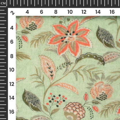 Sage Green And Orange Floral Digital Print Pure Cotton Mulmul Fabric
