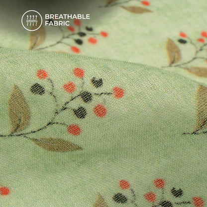 Tea Green And Orange Floral Digital Print Pure Cotton Mulmul Fabric