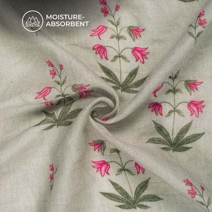 Koala Grey And Pink Floral Digital Print Pure Cotton Mulmul Fabric