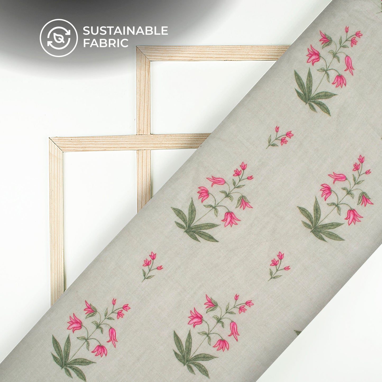 Koala Grey And Pink Floral Digital Print Pure Cotton Mulmul Fabric