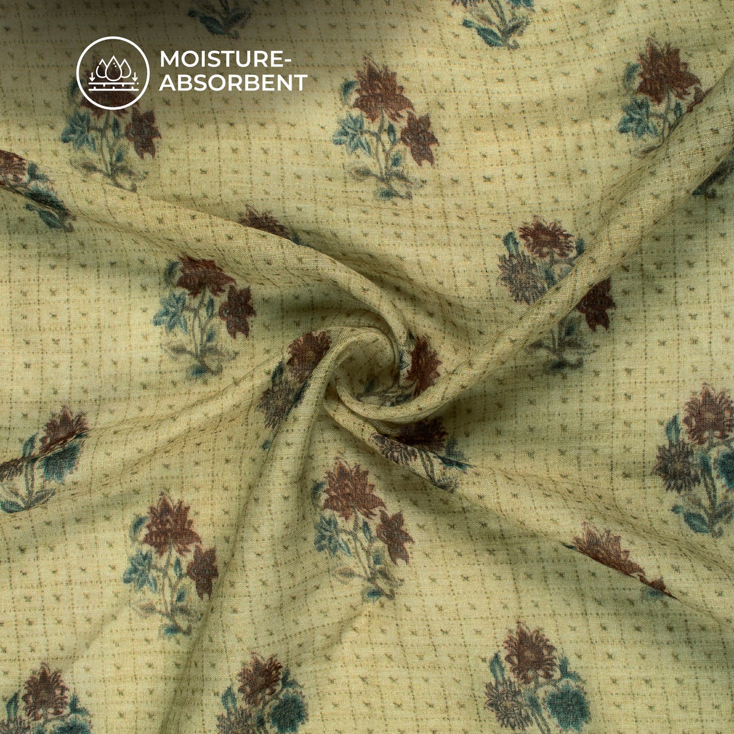 Olive Green And Brown Floral Digital Print Pure Cotton Mulmul Fabric
