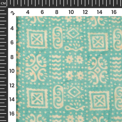 Light Blue And Beige Quirky Digital Print Pure Cotton Mulmul Fabric