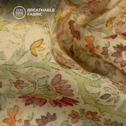 Peach And Green Floral Digital Print Pure Cotton Mulmul Fabric