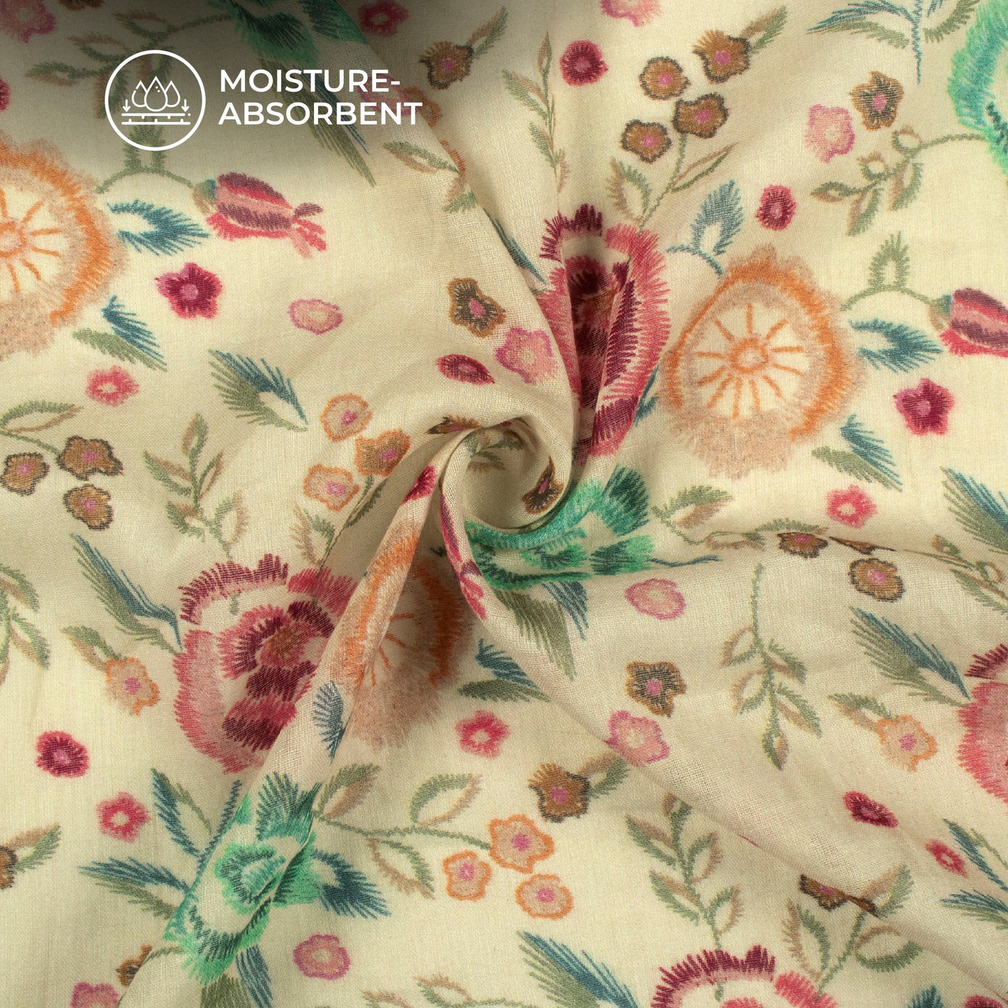 Salmon Pink And Cream Floral Digital Print Pure Cotton Mulmul Fabric