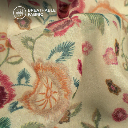 Salmon Pink And Cream Floral Digital Print Pure Cotton Mulmul Fabric