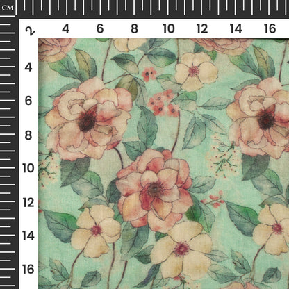 Mint Green And Peach Floral Digital Print Pure Cotton Mulmul Fabric