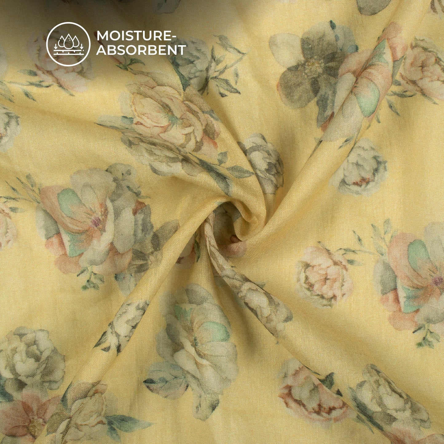 Banana Yellow And Beige Floral Digital Print Pure Cotton Mulmul Fabric