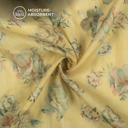 Banana Yellow And Beige Floral Digital Print Pure Cotton Mulmul Fabric