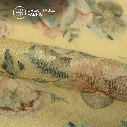 Banana Yellow And Beige Floral Digital Print Pure Cotton Mulmul Fabric