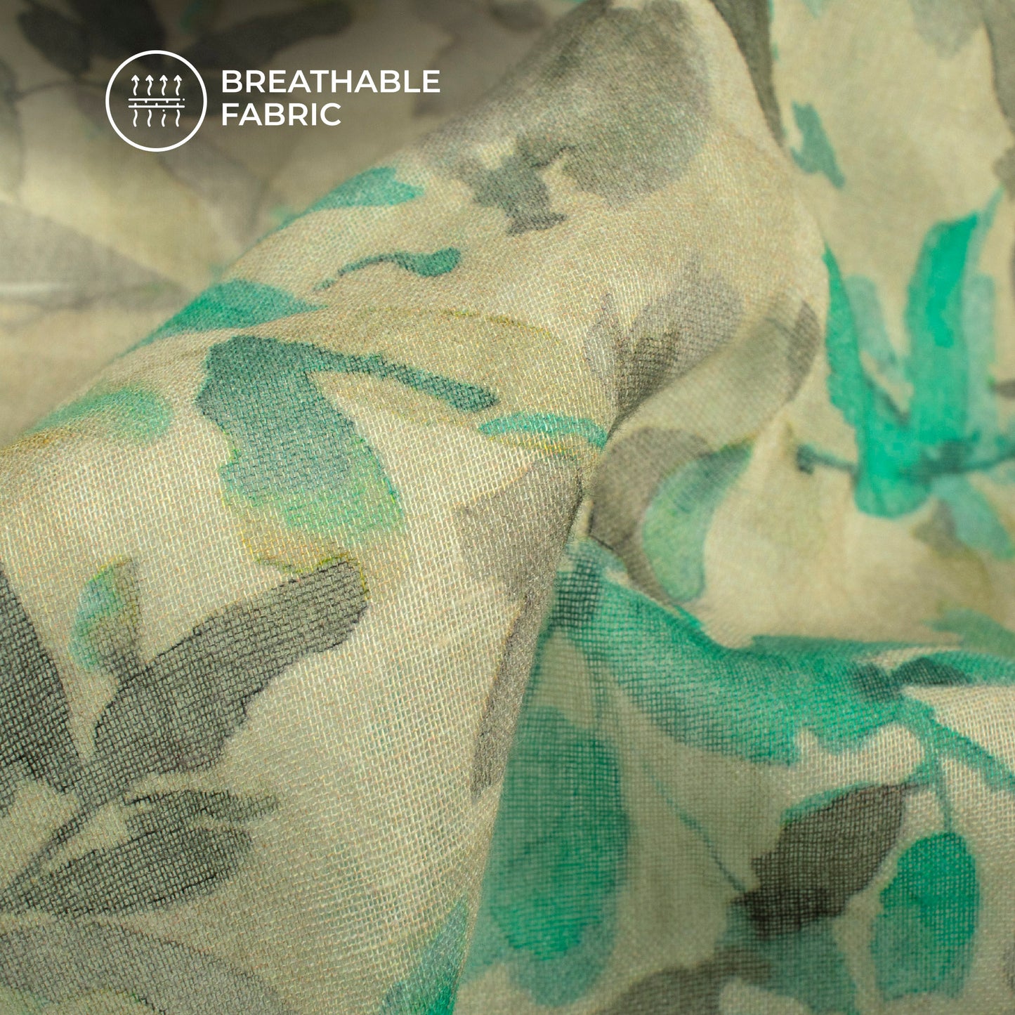 Turquoise Blue And Grey Leaf Digital Print Pure Cotton Mulmul Fabric