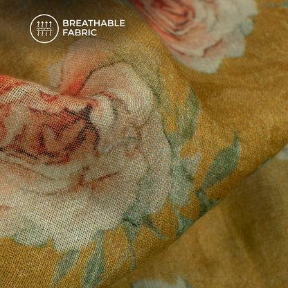 Honey Yellow And Peach Floral Digital Print Pure Cotton Mulmul Fabric