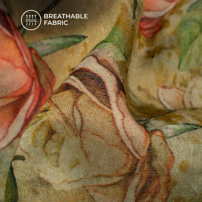 Salmon Pink And Yellow Floral Digital Print Pure Cotton Mulmul Fabric