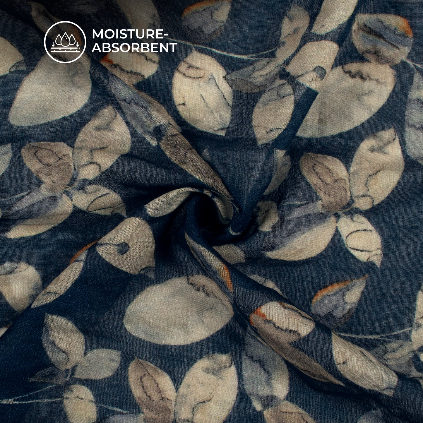 Navy Blue And Beige Leaf Digital Print Pure Cotton Mulmul Fabric