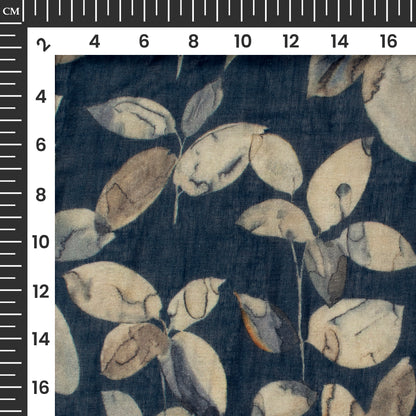 Navy Blue And Beige Leaf Digital Print Pure Cotton Mulmul Fabric