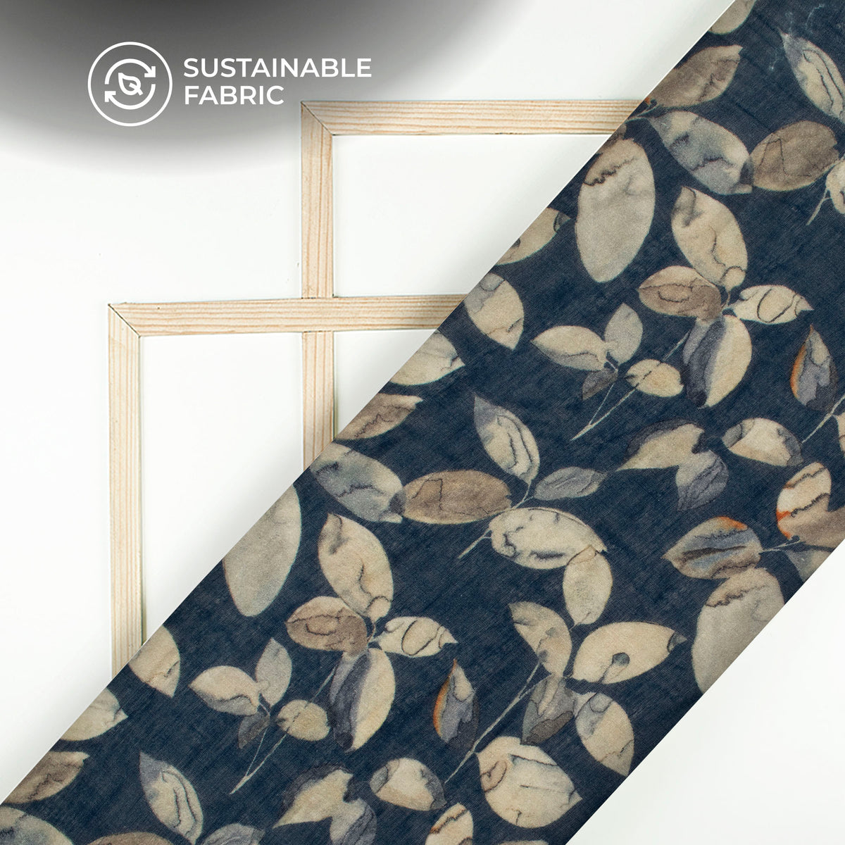 Navy Blue And Beige Leaf Digital Print Pure Cotton Mulmul Fabric