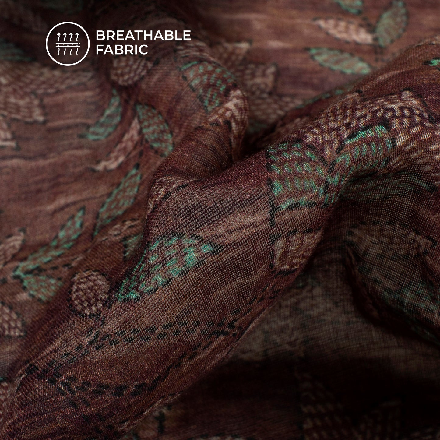 Pecan Brown And Green Floral Digital Print Pure Cotton Mulmul Fabric