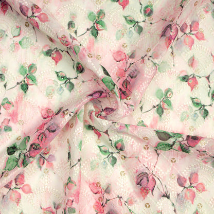 Gorgeous Pink Floral Zari Sequins Embroidery Digital Print Georgette Fabric