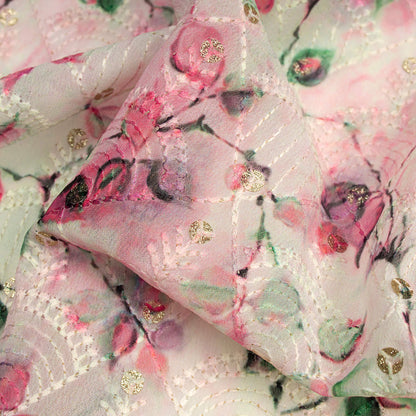 Gorgeous Pink Floral Zari Sequins Embroidery Digital Print Georgette Fabric