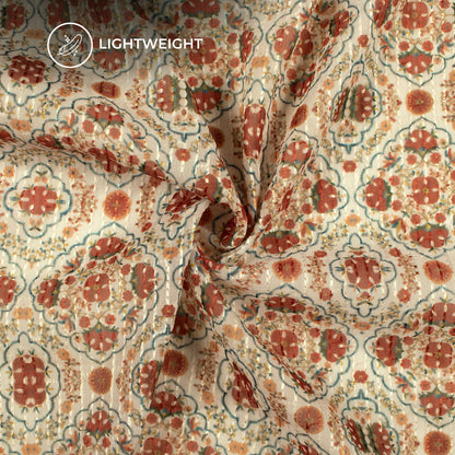 Rust Orange And Beige Floral Premium Embroidery Digital Print Georgette Fabric