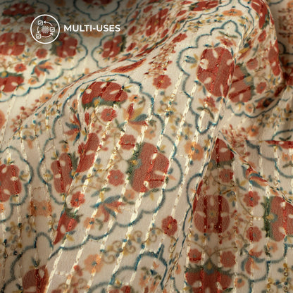 Rust Orange And Beige Floral Premium Embroidery Digital Print Georgette Fabric