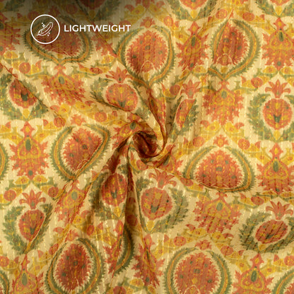 Flaxen Yellow And Orange Traditional Premium Embroidery Digital Print Georgette Fabric