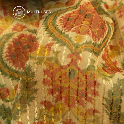 Flaxen Yellow And Orange Traditional Premium Embroidery Digital Print Georgette Fabric