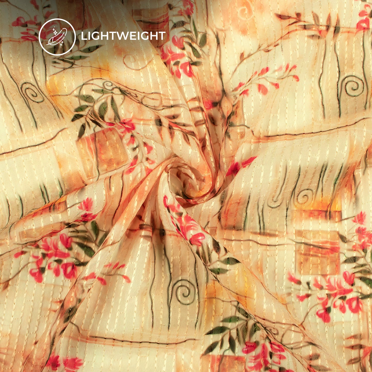 Punch Pink And Beige Floral Premium Embroidery Digital Print Georgette Fabric