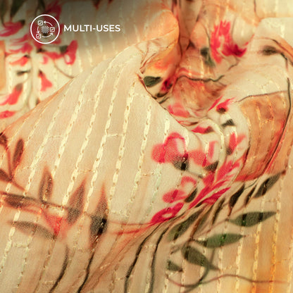 Punch Pink And Beige Floral Premium Embroidery Digital Print Georgette Fabric