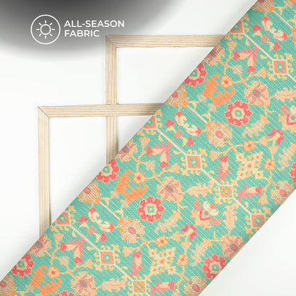 Turquiose Blue And Pink Floral Premium Embroidery Digital Print Georgette Fabric