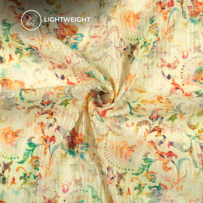 Ivory Cream And Pink Floral Premium Embroidery Digital Print Georgette Fabric