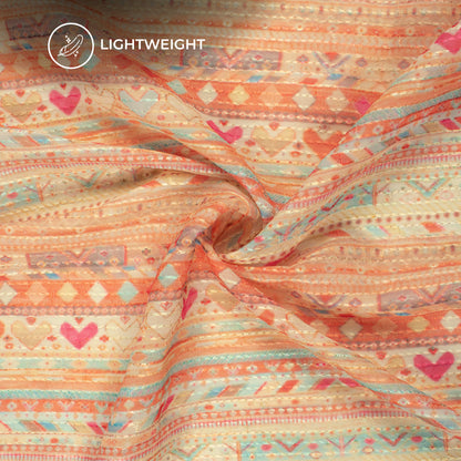 Orange And Beige Geometric Premium Embroidery Digital Print Georgette Fabric