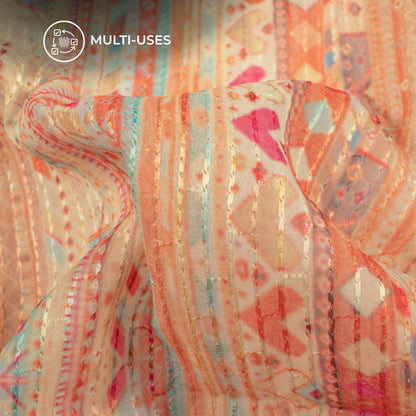 Orange And Beige Geometric Premium Embroidery Digital Print Georgette Fabric