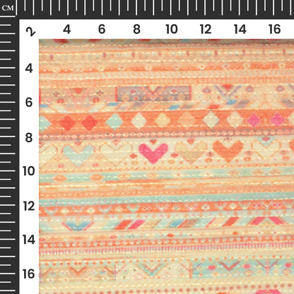 Orange And Beige Geometric Premium Embroidery Digital Print Georgette Fabric