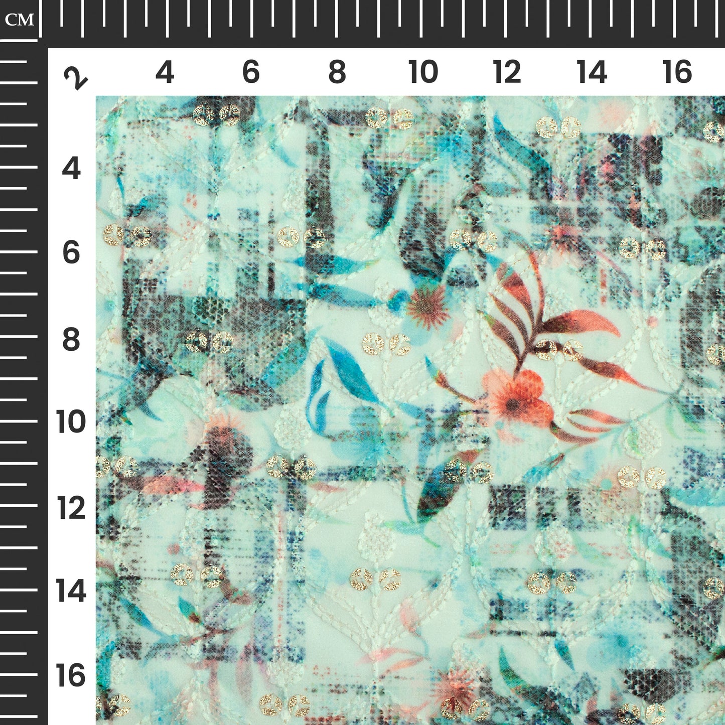 Mint Green Floral Trellis Zari Sequins Embroidery Digital Print Georgette Fabric