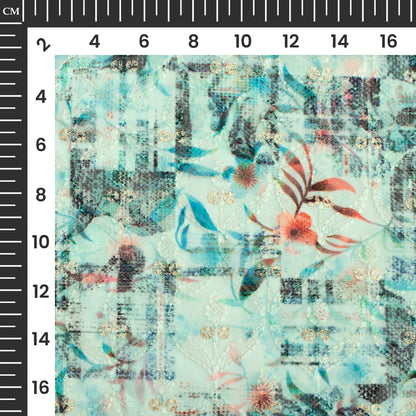 Mint Green Floral Trellis Zari Sequins Embroidery Digital Print Georgette Fabric