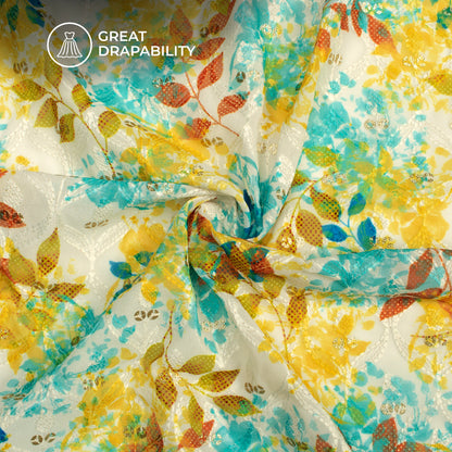 Canary Yellow Leaf Trellis Zari Sequins Embroidery Digital Print Georgette Fabric
