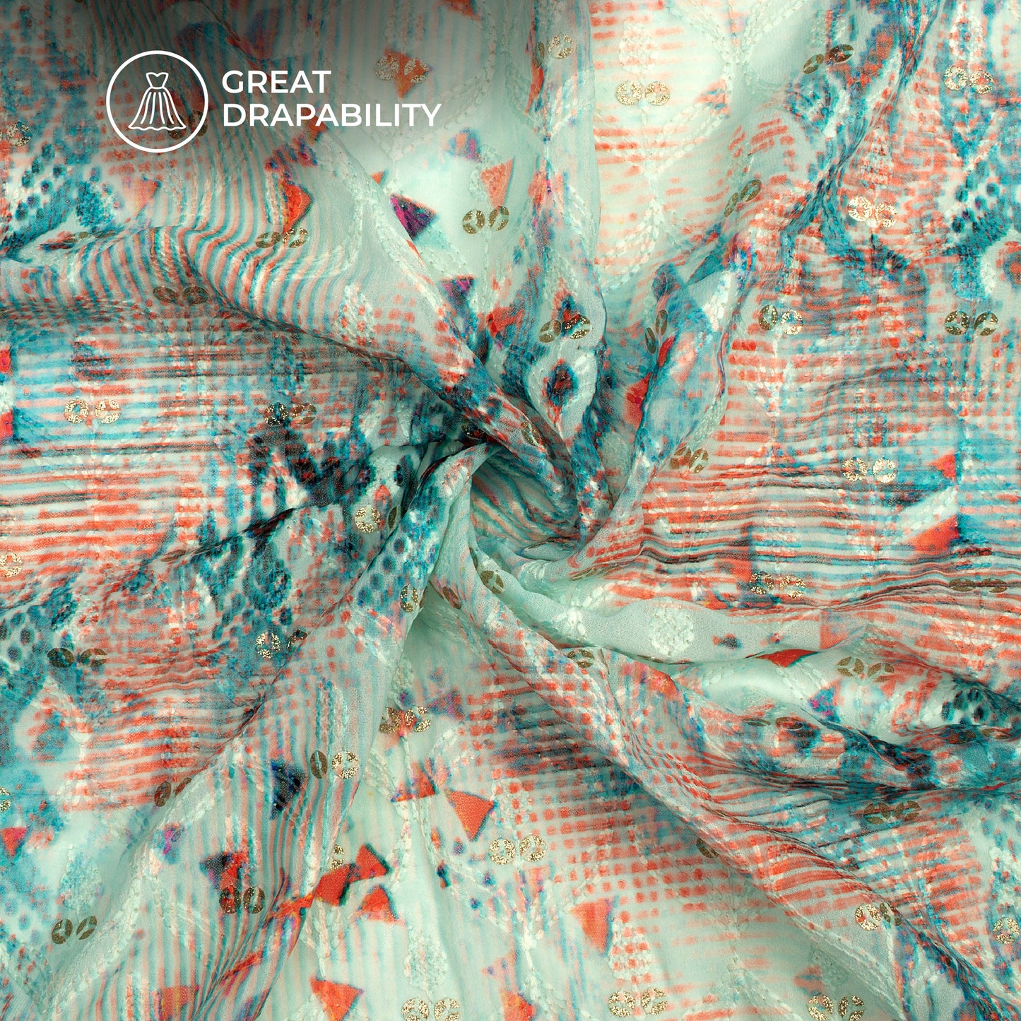 Mint Green Geometric Trellis Zari Sequins Embroidery Digital Print Georgette Fabric