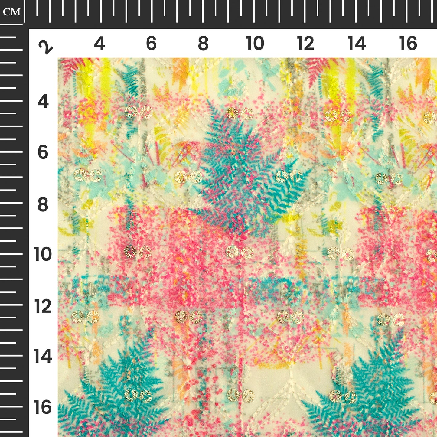 Pine Green Leaf Trellis Zari Sequins Embroidery Digital Print Georgette Fabric