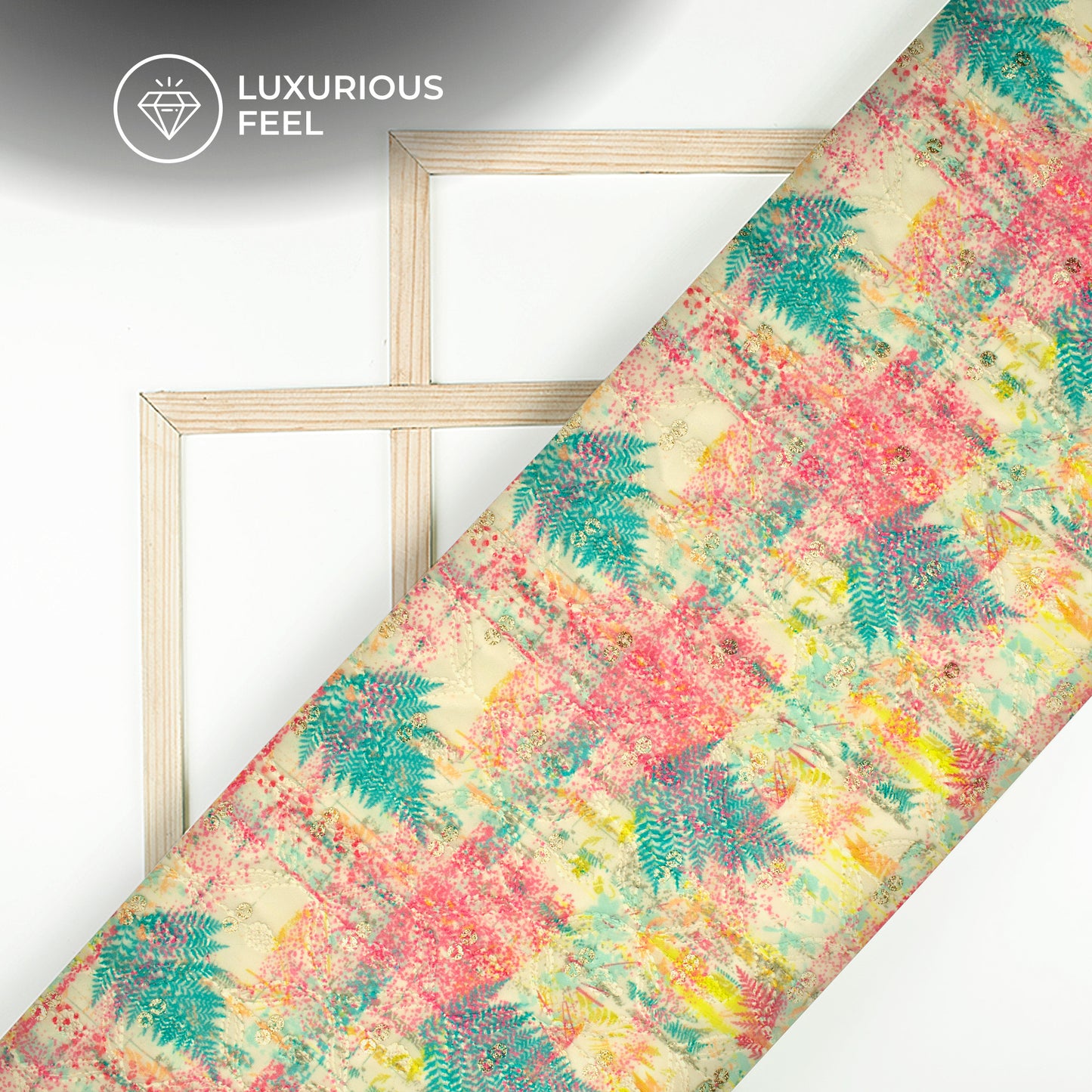Pine Green Leaf Trellis Zari Sequins Embroidery Digital Print Georgette Fabric