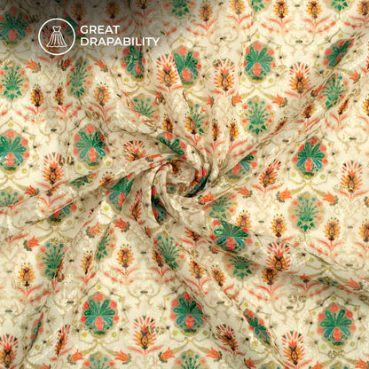 Ivory Beige Ethnic Trellis Zari Sequins Embroidery Digital Print Georgette Fabric