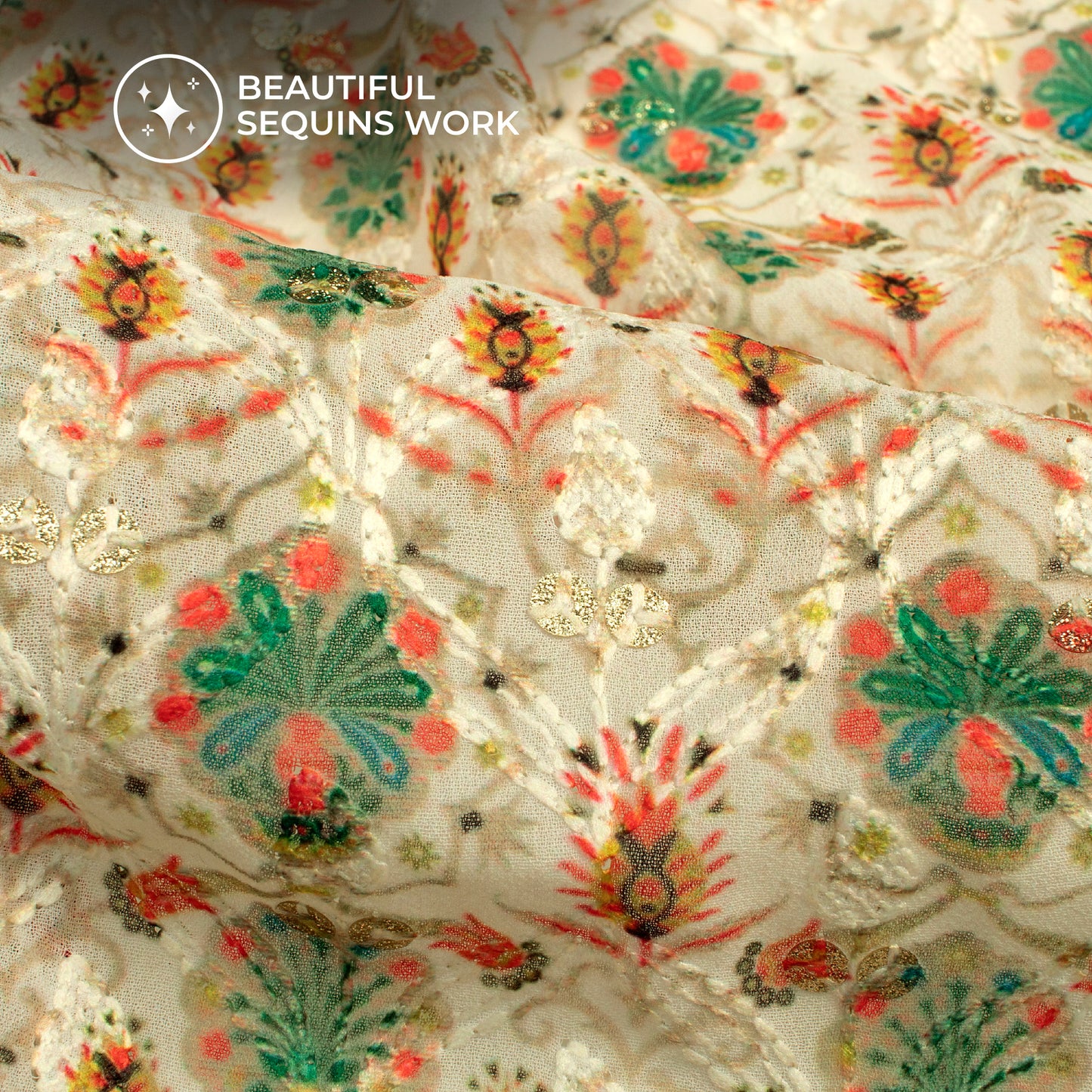 Ivory Beige Ethnic Trellis Zari Sequins Embroidery Digital Print Georgette Fabric