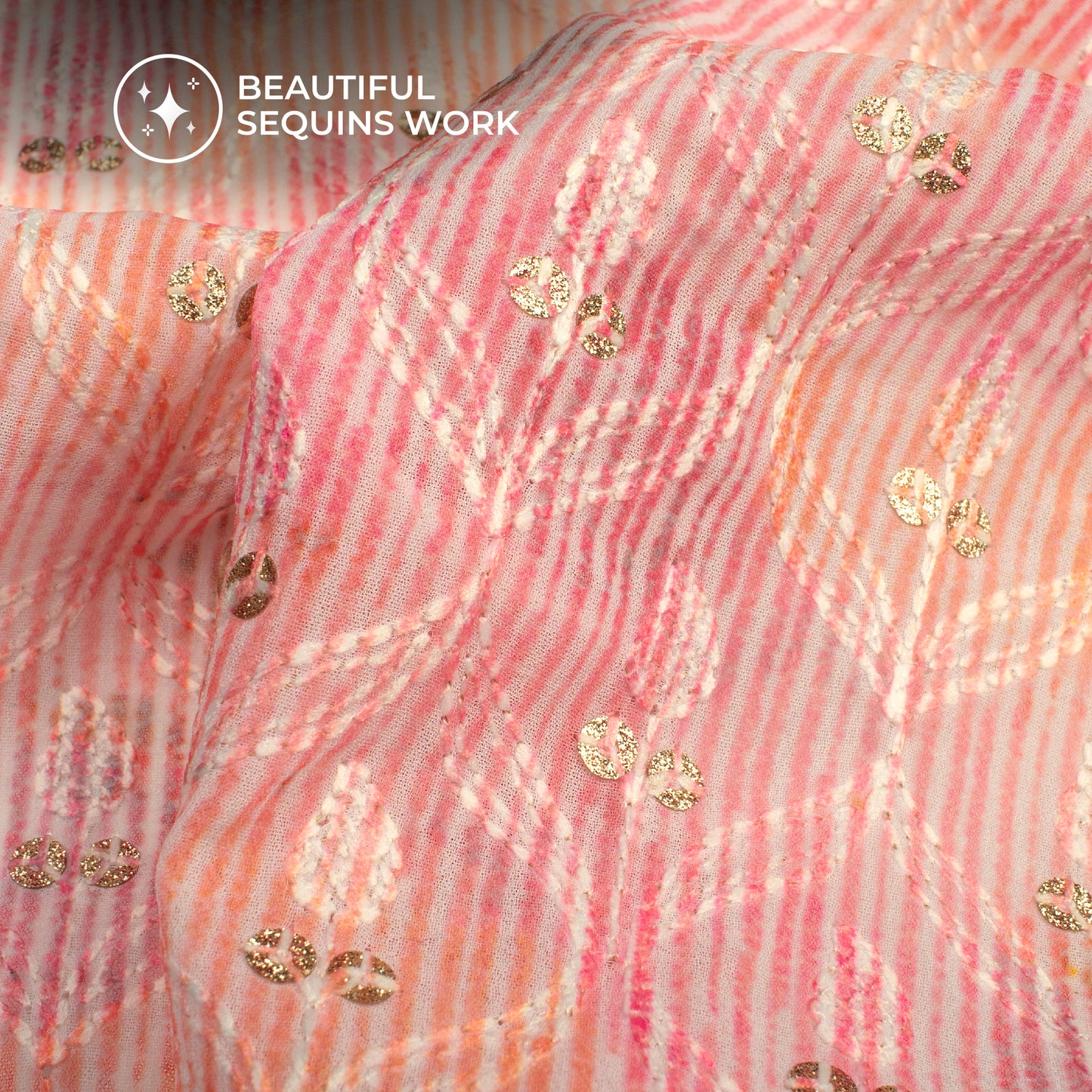 Taffy Pink Stripes Trellis Zari Sequins Embroidery Digital Print Georgette Fabric