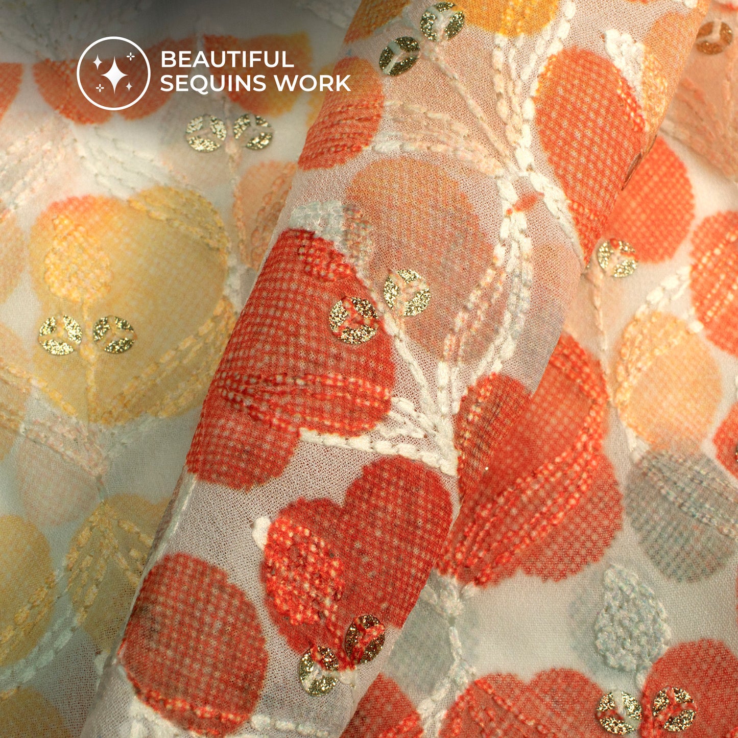 Rust Orange Geomteric Trellis Zari Sequins Embroidery Digital Print Georgette Fabric