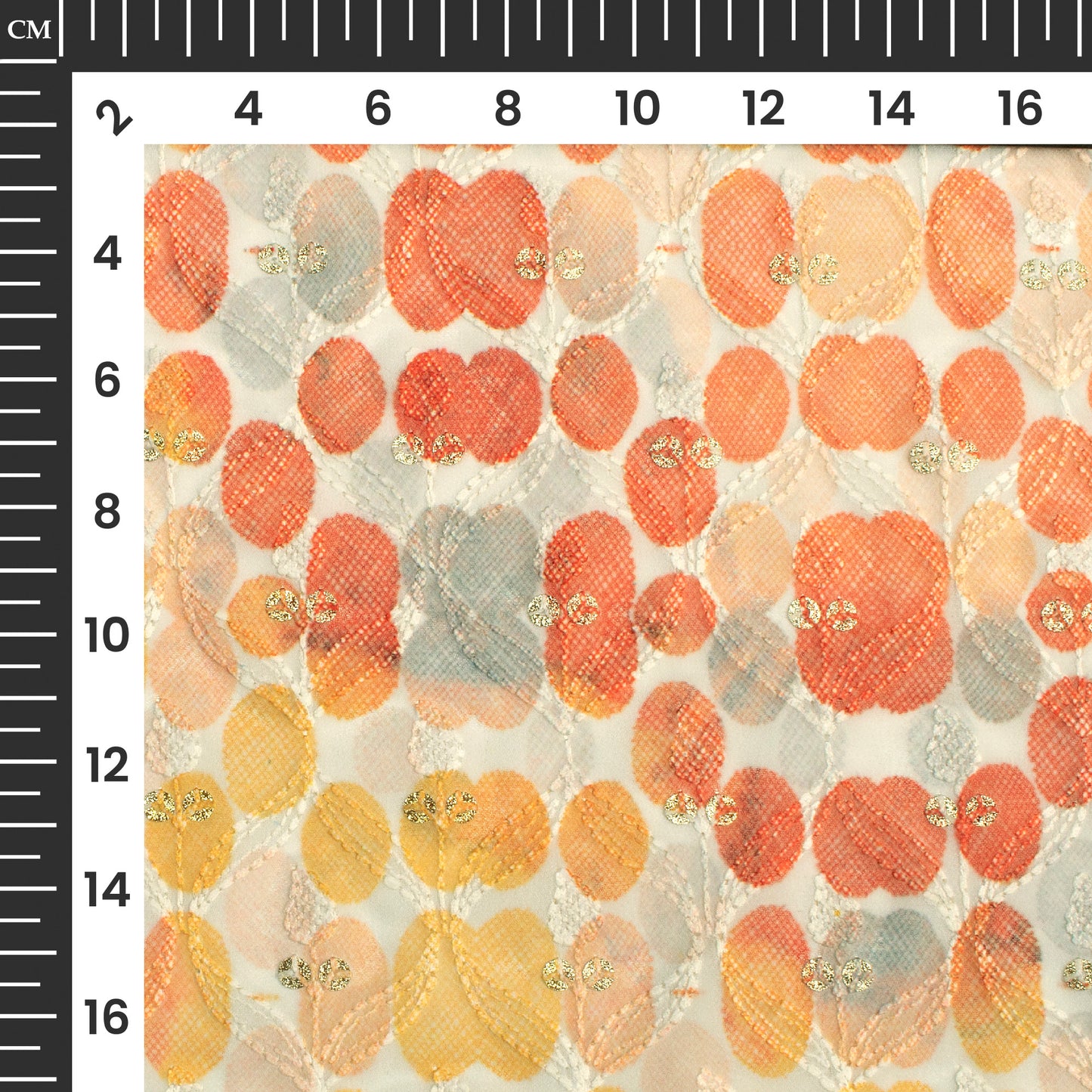 Rust Orange Geomteric Trellis Zari Sequins Embroidery Digital Print Georgette Fabric